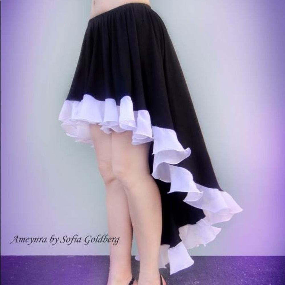 Ameynra high low skirt black rayon with white chiffon ruffle